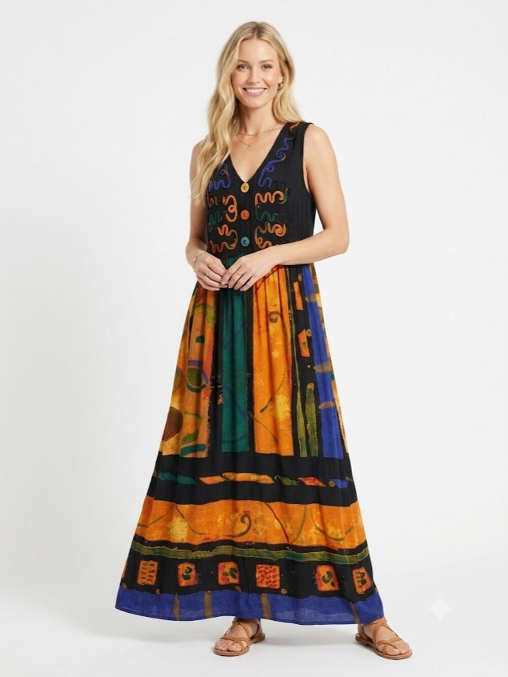VINTAGE 90s CAROLE  LITTLE Women's Maxi Dress BOHO Artsy  MADE IN USA